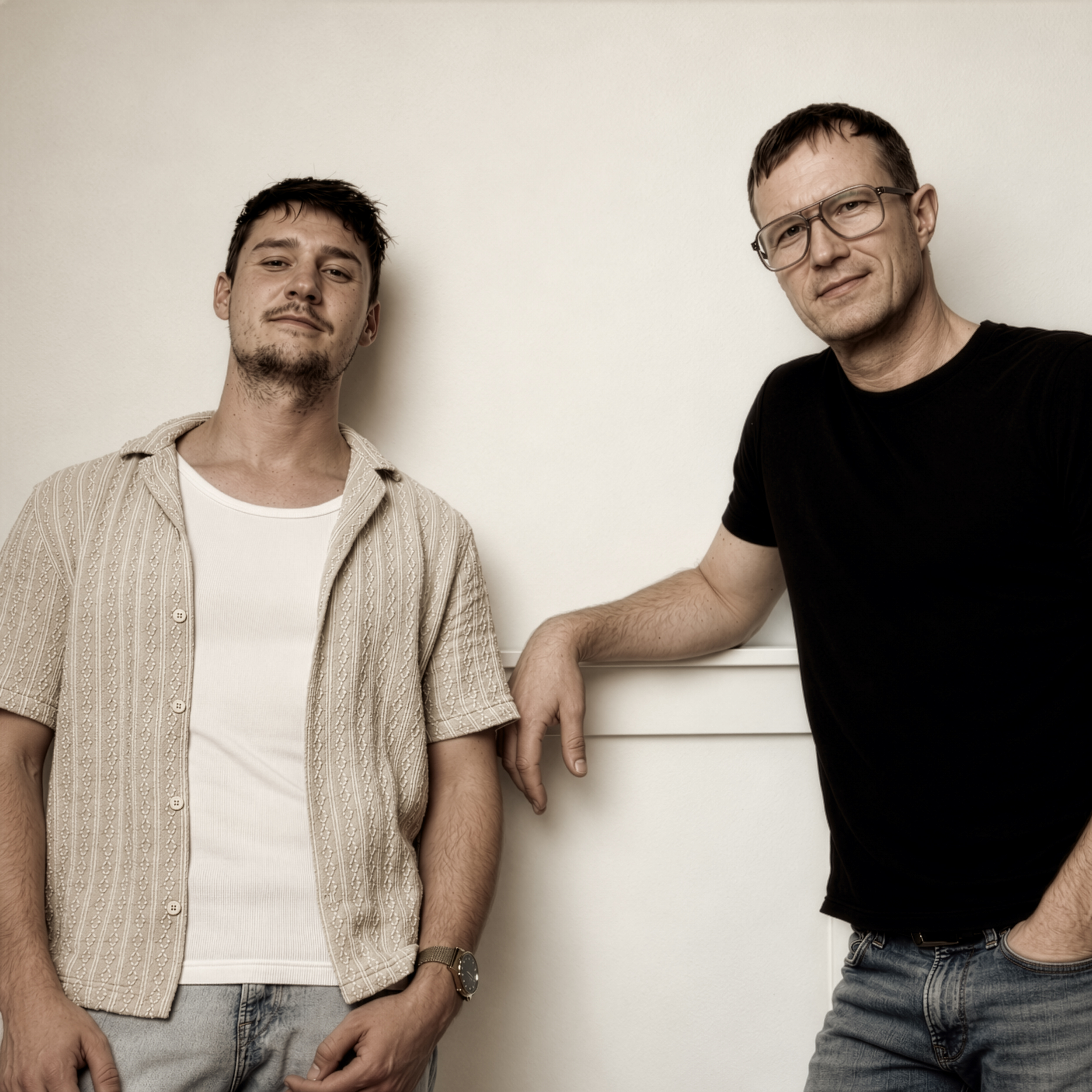Zwei Männer lehnen entspannt an einer weißen Wand, der linke trägt ein offenes Hemd über einem T-Shirt, der rechte ein schwarzes T-Shirt und Brille